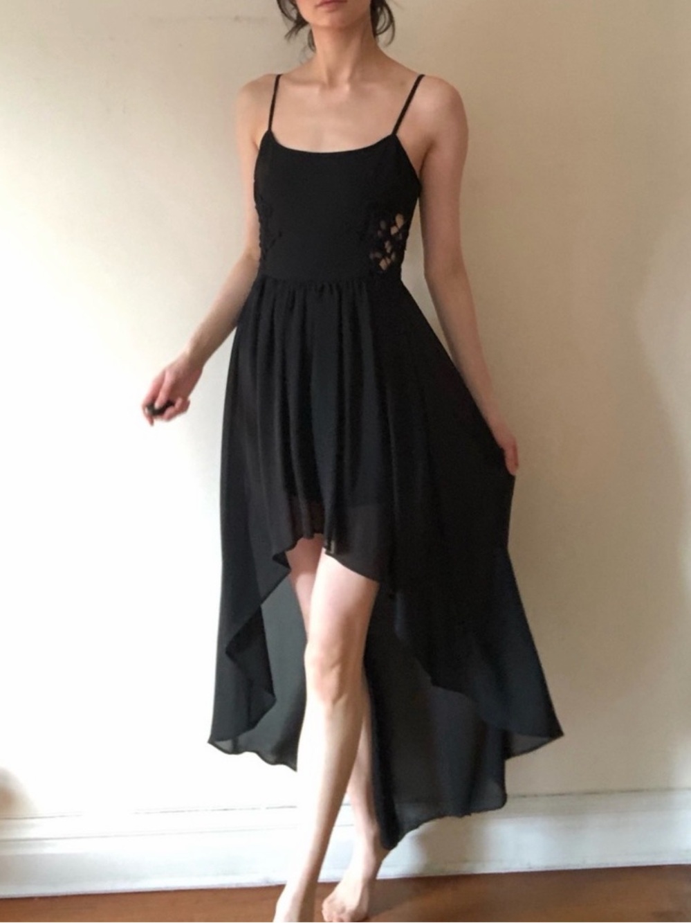 Forever 21 Black High-Low Spaghetti Strap Dress with Side Lace